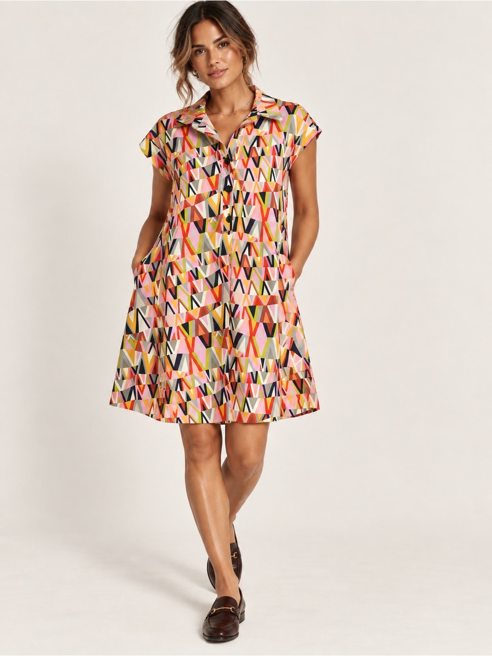 Uncle Frank | Geometric Mod 100% Cotton Cap-Sleeve A-Line Shirt Dress Pockets Sm